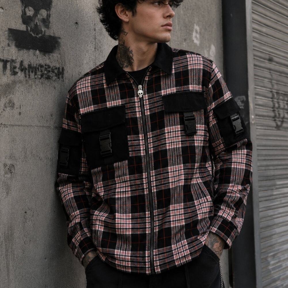 TEAMSESH by Bones Creep Cargo Flannel Shacket Zip Up Utility Jacket Plaid Size L
